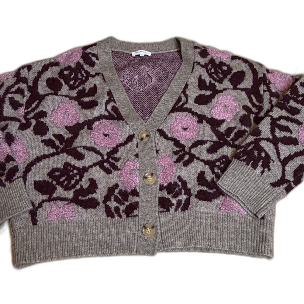Bohme Maroon and Pink Floral Cropped Cardigan Size L